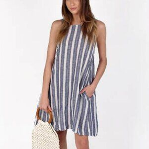 CP Shades - Jacqui Linen Trapeze Dress, Blue Stripe, Signature Dress - Med
